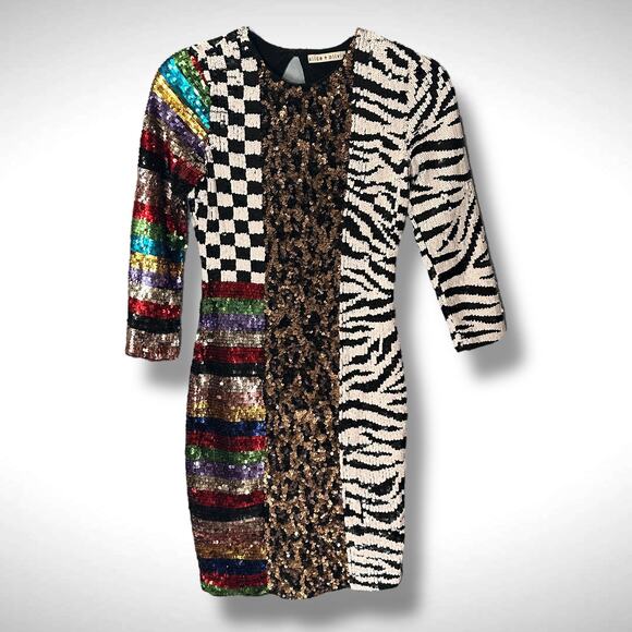 Alice + Olivia Jae Mixed Pattern Sequin Mini Dress Sz 2 Animal Print Maximalist - Picture 3 of 12